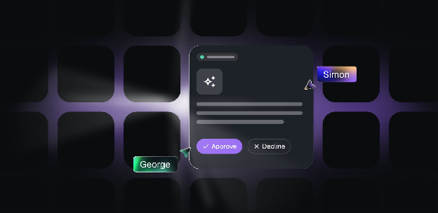 An approval card with Approve and Decline buttons, tagged with two participant names, sitting over a grid of tiles.