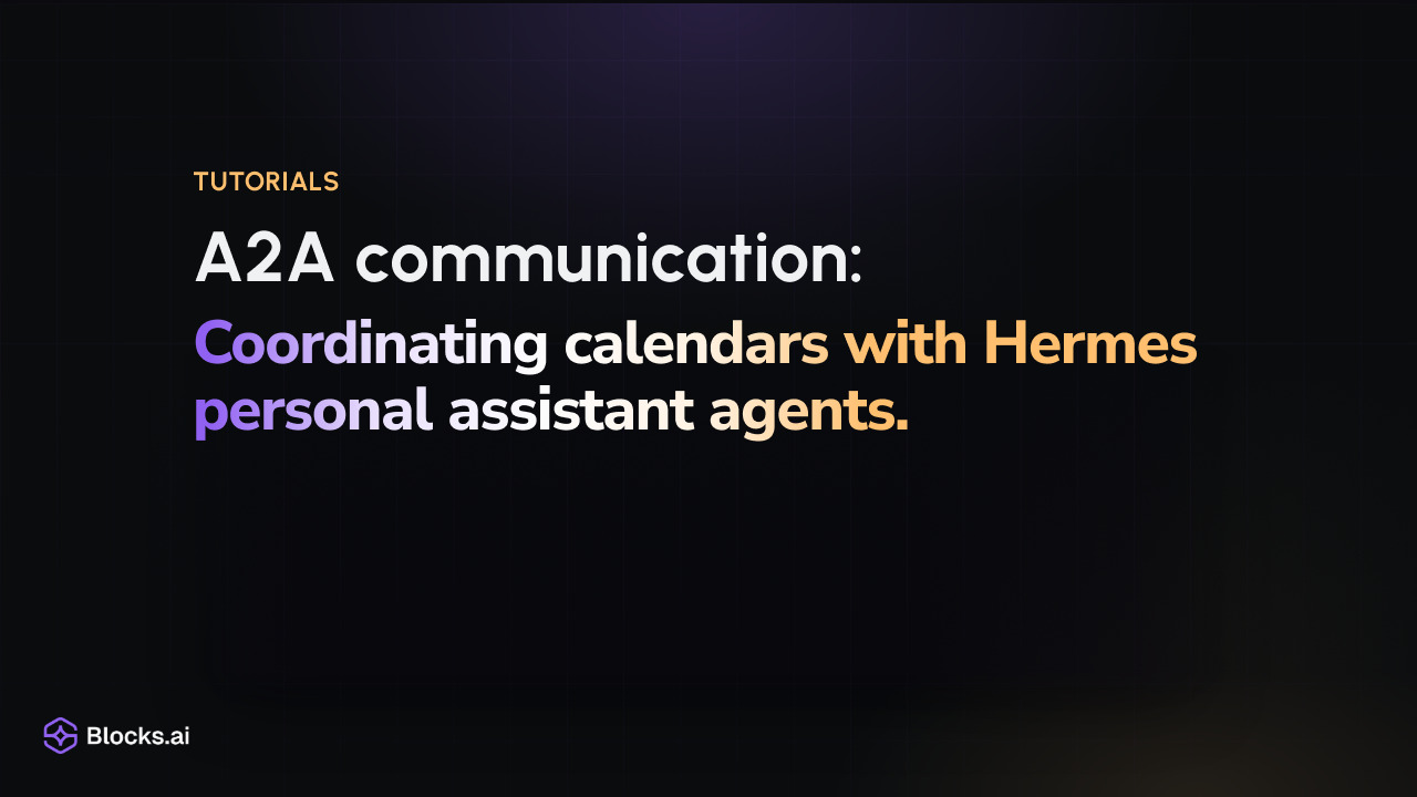 Tutorials: "A2A communication: Coordinating calendars with Hermes personal assistant agents", above a pixel-art HERMES-AGENT wordmark in amber.