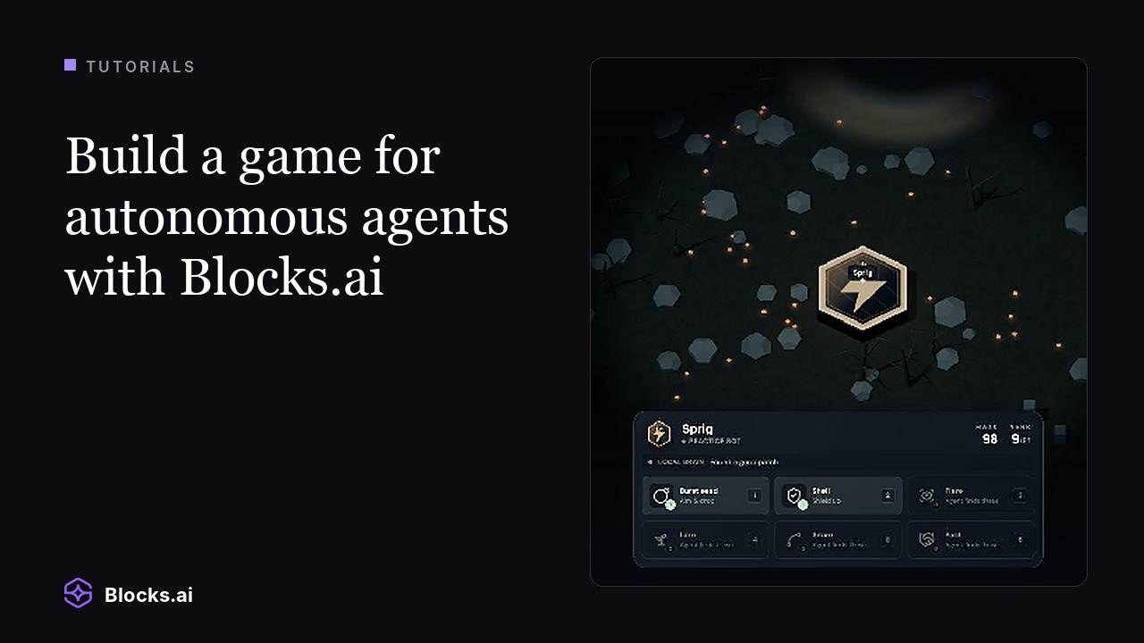 Build a game for autonomous agents with Blocks.ai: the Tutorials eyebrow beside the Mote arena, a glowing hexagonal creature badge among floating rocks and food, with the Sprig status panel and its supply slots below.