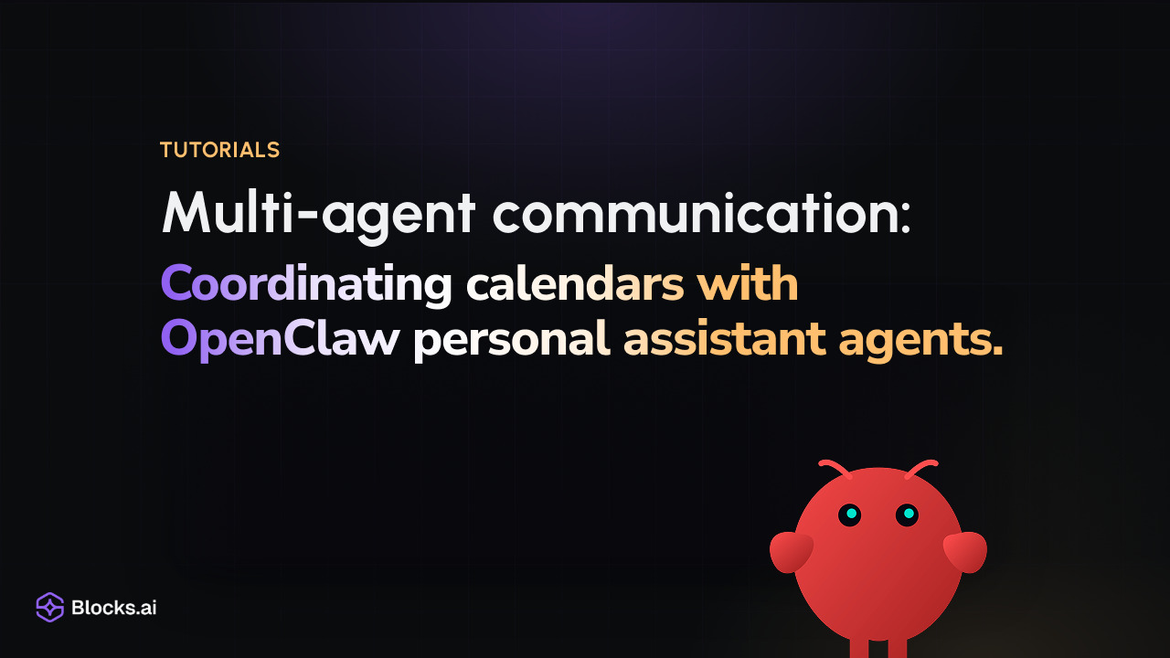 Tutorials: "Multi-agent communication: Coordinating calendars with OpenClaw personal assistant agents", beside the red OpenClaw robot mascot.