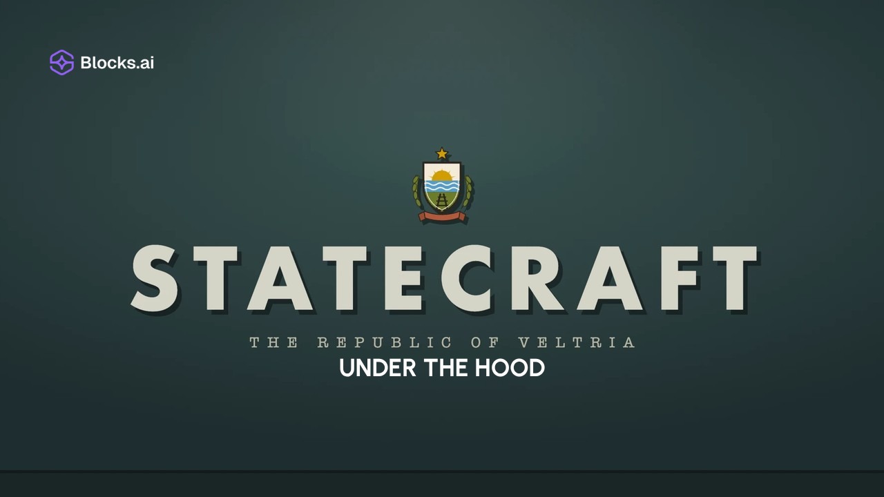 The Statecraft title card subtitled Under the Hood: the crest of the Republic of Veltria above the game’s wordmark