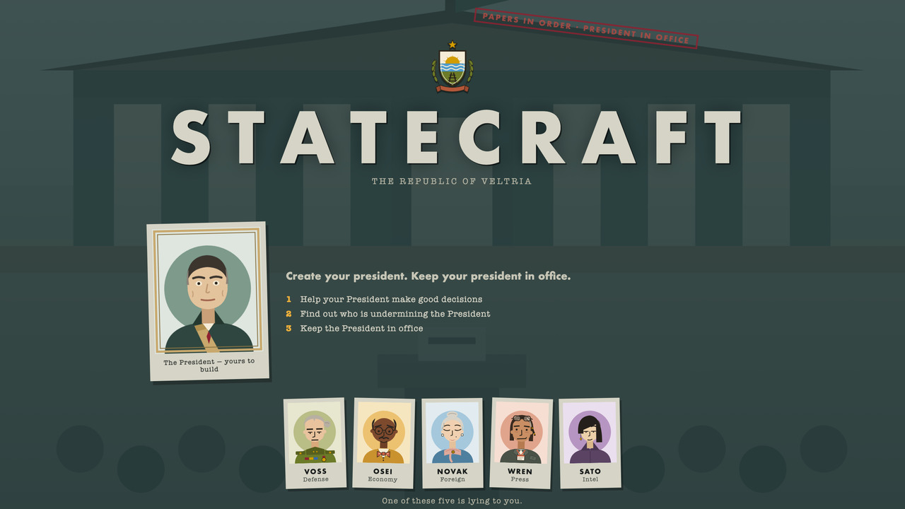 Statecraft, the Republic of Veltria: the game's title over a government building, with the president's portrait beside five cabinet cards — Voss on Defense, Osei on Economy, Novak on Foreign, Wren on Press and Sato on Intel — under the line "One of these five is lying to you."